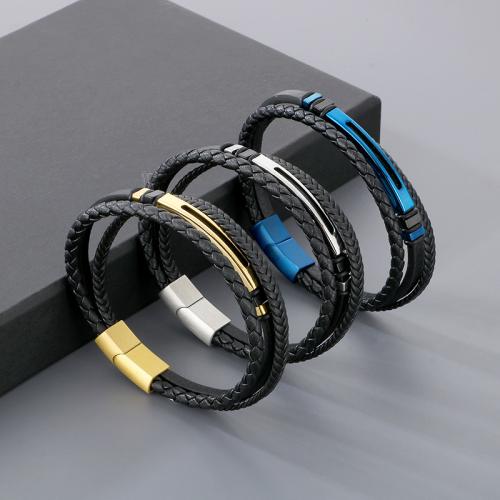 PU Leather Cord Bracelets, with 304 Stainless Steel, Vacuum Ion Plating, fashion jewelry & for man, more colors for choice, Length:Approx 21 cm, Sold By PC