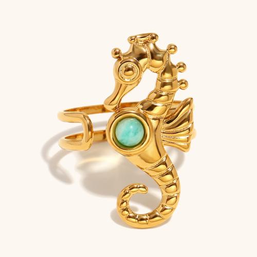 Natural Gemstone Finger Ring, 304 Stainless Steel, with Natural Stone, Seahorse, gold color plated, different materials for choice & for woman, more colors for choice, Sold By PC