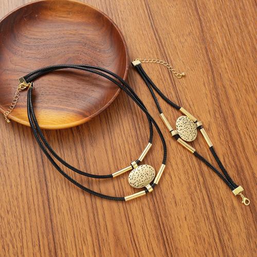 Brass Jewelry Set, bracelet & necklace, Copper Alloy, with leather cord, plated, 2 pieces & Double Layer & for woman, more colors for choice, Sold By Set