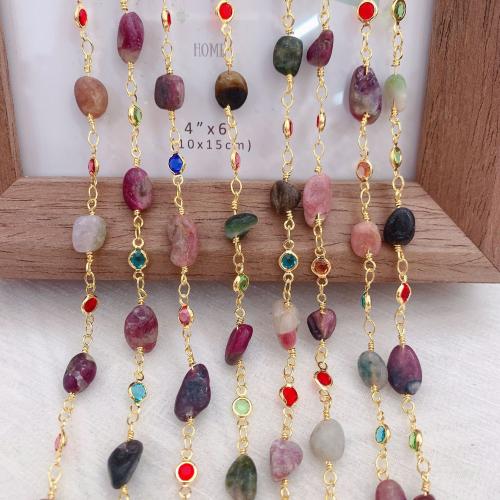 Decorative Beaded Chain, Brass, with Gemstone, gold color plated, DIY, mixed colors, nickel, lead & cadmium free, 10m/Bag, Sold By Bag