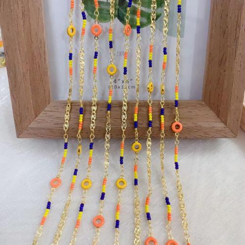 Decorative Beaded Chain, Brass, with Seedbead, gold color plated, DIY & enamel, mixed colors, nickel, lead & cadmium free, 10m/Bag, Sold By Bag