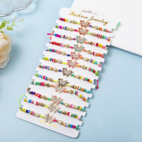 Pulseras de Moda, aleación de zinc, con Cordón de nudo & Seedbead, Mariposa, chapado, Ajustable & para mujer & esmalte & con diamantes de imitación, color mixto, longitud:28 cm, Vendido por Set