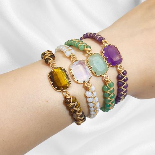 Gemstone Bracelets, Natural Stone, with Knot Cord, Rectangle, gold color plated, Adjustable & different materials for choice & for woman, more colors for choice, Sold By PC