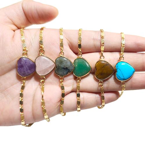 Pulseras de piedras preciosas, Partículas de acero, con Piedra natural, Corazón, chapado en color dorado, diferentes estilos para la opción & para mujer, más colores para la opción, Vendido por UD