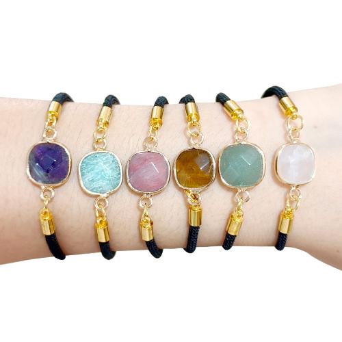 Pulseras de piedras preciosas, Piedra natural, con cordón de nylon, Cuadrado, chapado en color dorado, diferentes materiales para la opción & para mujer, más colores para la opción, Vendido por UD