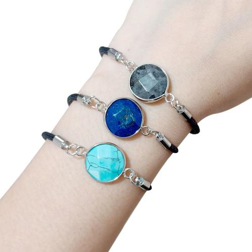 Gemstone Bracelets, 304 Stainless Steel, with Natural Stone & Nylon Cord, Round, silver color plated, different materials for choice & for woman, more colors for choice, Sold By PC