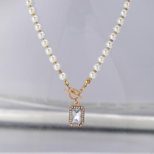 Plastic Pearl Necklace, Tibetan Style, with Plastic Pearl, plated, fashion jewelry & micro pave cubic zirconia & for woman, golden, Length:38.5 cm, Sold By PC