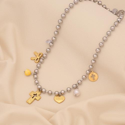 Stainless Steel Jewelry Necklace, 304 Stainless Steel, with Plastic Pearl, plated, different styles for choice & for woman & two tone, Sold By PC