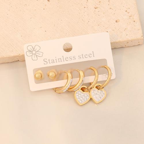 Stainless Steel Drop Earring, 304 Stainless Steel, plated, three pieces & different styles for choice & for woman & with rhinestone, golden, Sold By Set