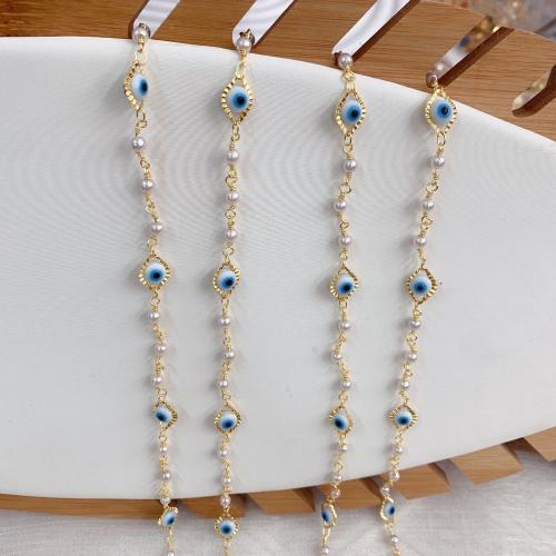 Decorative Beaded Chain, Brass, with Resin & Plastic Pearl, Vacuum Ion Plating, DIY & evil eye pattern, mixed colors, nickel, lead & cadmium free, 10m/Bag, Sold By Bag