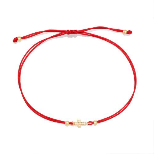 Brass Bracelet, with Polyester Cord, Cross, plated, Unisex & adjustable & micro pave cubic zirconia, more colors for choice, Length:Approx 5.5-11 Inch, Sold By PC