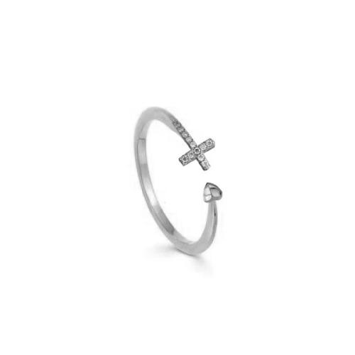 925 Sterling Silver Cuff Finger Ring, Cross, platinum plated, adjustable & for woman & with rhinestone, US Ring Size:6-8, Sold By PC