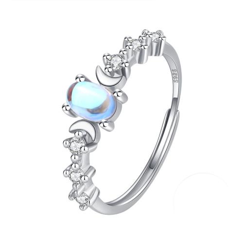 925 Sterling Silver Cuff Finger Ring, with Moonstone, platinum plated, for woman & with rhinestone, US Ring Size:6-8, Sold By PC