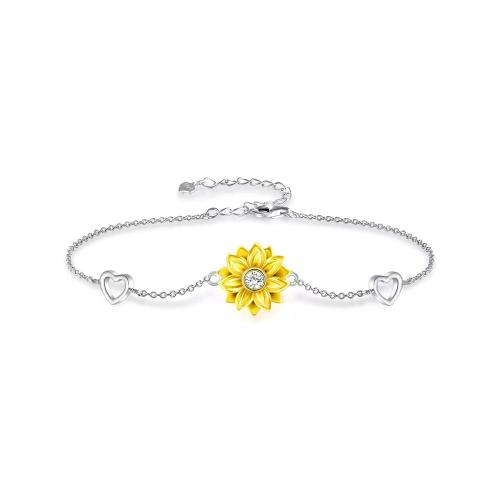 925 Sterling Silver Bracelet, with 1.97inch extender chain, Sunflower, for woman & with rhinestone, Length:Approx 6.69 Inch, Sold By PC