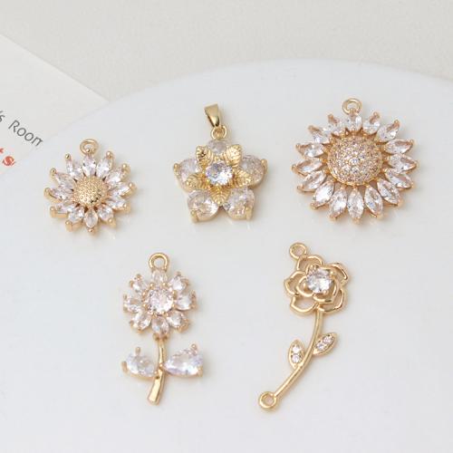 Cubic Zirconia Micro Pave Brass Pendant, Flower, gold color plated, DIY & different styles for choice & micro pave cubic zirconia, more colors for choice, nickel, lead & cadmium free, 10PCs/Bag, Sold By Bag