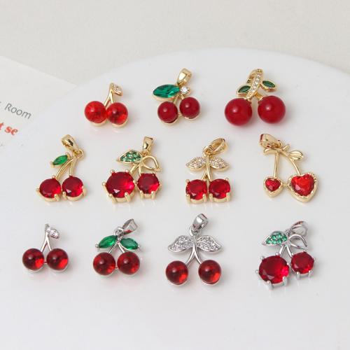 Pendentifs en laiton zircon cubique (CZ), cerise, Placage, DIY & normes différentes pour le choix & pavé de micro zircon, plus de couleurs à choisir, protéger l'environnement, sans nickel, plomb et cadmium, 10PC/sac, Vendu par sac