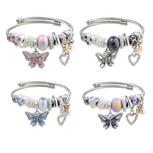 European Bracelet, 304 Stainless Steel, with Plastic Pearl & Tibetan Style, Butterfly, plated, Adjustable & fashion jewelry & for woman & enamel & with rhinestone, more colors for choice, diameter about:5.5cm, Sold By PC