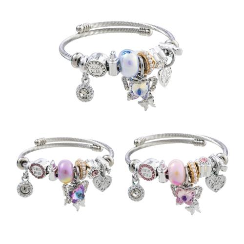 European Bracelet, 304 Stainless Steel, with Plastic Pearl & Tibetan Style, Butterfly, plated, Adjustable & fashion jewelry & for woman & enamel & with rhinestone, more colors for choice, diameter about:5.5cm, Sold By PC