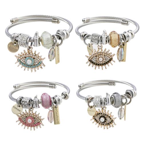 European Bracelet, 304 Stainless Steel, with Plastic Pearl & Tibetan Style, Evil Eye, plated, Adjustable & fashion jewelry & for woman & with rhinestone, more colors for choice, diameter about:5.5cm, Sold By PC