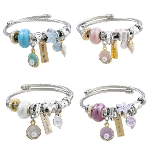 European Bracelet, 304 Stainless Steel, with Plastic Pearl & Tibetan Style, plated, Adjustable & fashion jewelry & for woman & enamel & with rhinestone, more colors for choice, diameter about:5.5cm, Sold By PC