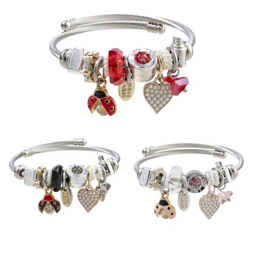 European Bracelet, 304 Stainless Steel, with Plastic Pearl & Tibetan Style, Ladybug, plated, Adjustable & fashion jewelry & for woman & with rhinestone, more colors for choice, diameter about:5.5cm, Sold By PC