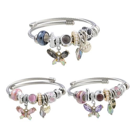 European Bracelet, 304 Stainless Steel, with Crystal & Plastic Pearl & Tibetan Style, Butterfly, plated, Adjustable & fashion jewelry & for woman & with rhinestone, more colors for choice, diameter about:5.5cm, Sold By PC