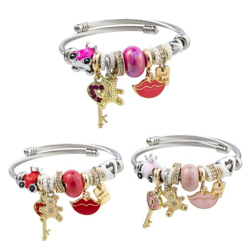 European Bracelet, 304 Stainless Steel, with Plastic Pearl & Tibetan Style, plated, Adjustable & fashion jewelry & for woman & enamel & with rhinestone, more colors for choice, diameter about:5.5cm, Sold By PC