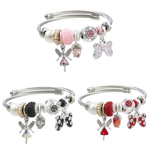 European Bracelet, 304 Stainless Steel, with Plastic Pearl & Tibetan Style, Angel, plated, Adjustable & fashion jewelry & for woman & enamel & with rhinestone, more colors for choice, diameter about:5.5cm, Sold By PC