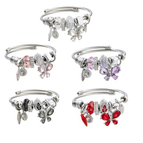 European Bracelet, 304 Stainless Steel, with Crystal & Tibetan Style, Butterfly, silver color plated, Adjustable & fashion jewelry & for woman & enamel & with rhinestone, more colors for choice, diameter about:5.5cm, Sold By PC