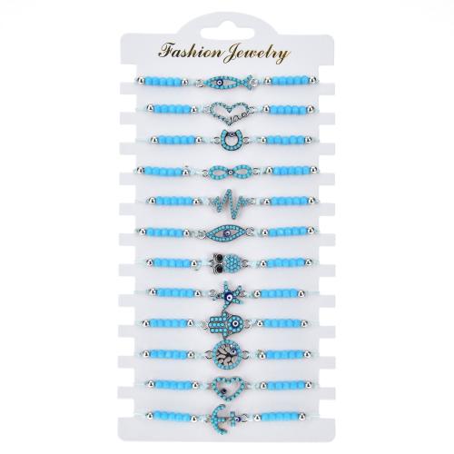 Bijoux bracelets de mode, Cordon de noeud, avec cristal & alliage de zinc, fait à la main, 12 pièces & Réglable & bijoux de mode & unisexe & émail, bleu, Longueur:Environ 28 cm, Vendu par PC