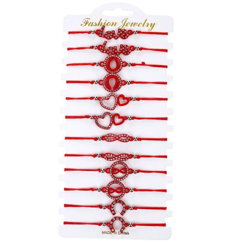 Fashion Bracelet & Bangle Jewelry, Knot Cord, with Tibetan Style, handmade, 12 pieces & Adjustable & fashion jewelry & Unisex & with rhinestone, red, Length:Approx 16-28 cm, Sold By Set