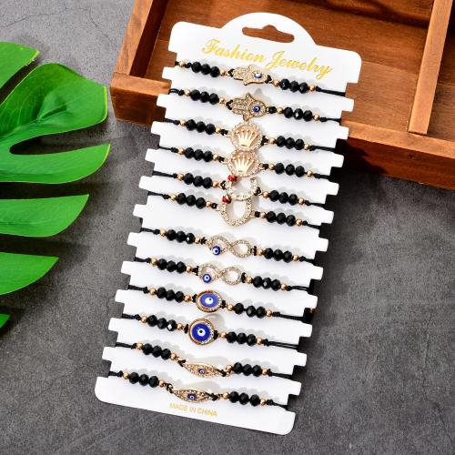 Evil Eye Jewelry Bracelet, Tibetan Style, with Knot Cord & Glass, plated, Adjustable & for woman & with rhinestone, more colors for choice, Length:15-28 cm, Sold By Set