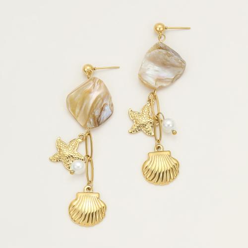 Boucle d'oreille goutte inox, Acier inoxydable 304, avec Shell Pearl & coquille, Placage, bijoux de mode & pour femme, doré, Vendu par paire