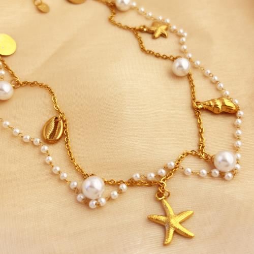 Stainless Steel Jewelry Necklace, 304 Stainless Steel, with Plastic Pearl, 18K gold plated, Double Layer & fashion jewelry & for woman, Sold By PC