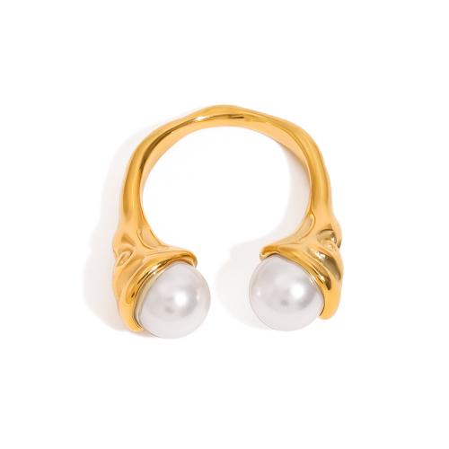 Stainless Steel Finger Ring, 304 Stainless Steel, with Shell Pearl, 18K gold plated, fashion jewelry & for woman, Sold By PC