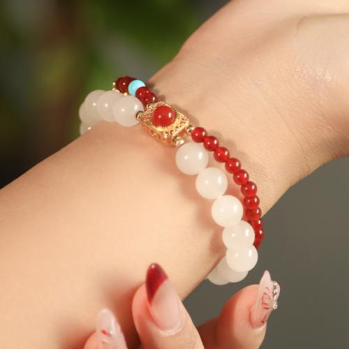 Red Agate Bracelet, with Ice Jade, handmade, Double Layer & natural & for woman, beads length 4mm,8mm, Length:Approx 6 Inch, Sold By PC