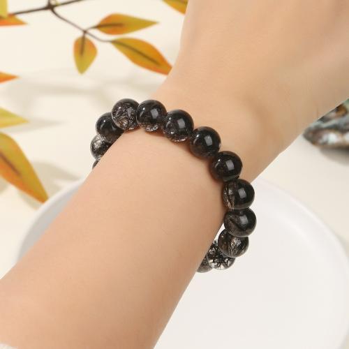 Black Rutilated Quartz Bracelet, Round, handmade, natural & Unisex, beads length 7-8mm, Length:Approx 6 Inch, Sold By PC