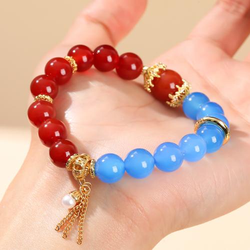 Red Agate Bracelet, with Blue Agate & Plastic Pearl & Brass, Round, handmade, natural & Unisex, beads length 10mm,12mm, Length:Approx 6-7 Inch, Sold By PC