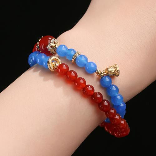 agate rouge bracelet, avec agate bleue & laiton, Rond, fait à la main, Double couche & naturel & unisexe, beads length 6mm,10mm, Longueur:Environ 12-14 pouce, Vendu par PC