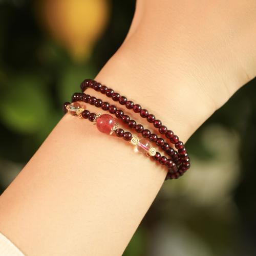 Garnet Bracelet, with Strawberry Quartz & Brass, handmade, multilayer & natural & for woman, Grade AAAAA, beads length 4mm, Length:Approx 16-18 Inch, Sold By PC