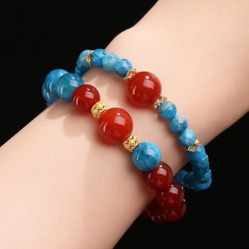 Apatites Bracelet, with Red Agate & Brass, Round, handmade, natural & Unisex, beads length 6mm,12mm, Length:Approx 6-7 Inch, Sold By PC