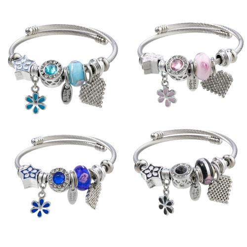 European Bracelet, 304 Stainless Steel, with Tibetan Style, Flower, silver color plated, Adjustable & fashion jewelry & for woman & with rhinestone, more colors for choice, diameter about:5.5cm, Sold By PC