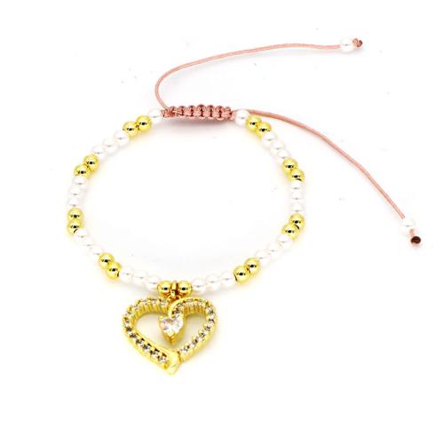 Bracelet cubique en laiton zircon pavent, avec Cordon de noeud & perle de plastique, Placage de couleur d'or, Réglable & bijoux de mode & pavé de micro zircon & pour femme, plus de couleurs à choisir, protéger l'environnement, sans nickel, plomb et cadmium, Longueur:Environ 28 cm, Vendu par PC