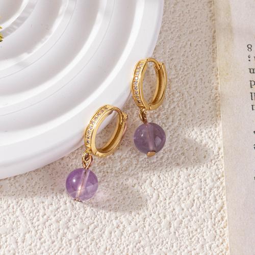 Boucles d'oreilles Quartz naturel, laiton, avec améthyste, Rond, Placage de couleur d'or, pavé de micro zircon & pour femme, violet, protéger l'environnement, sans nickel, plomb et cadmium, 8mm, Vendu par paire