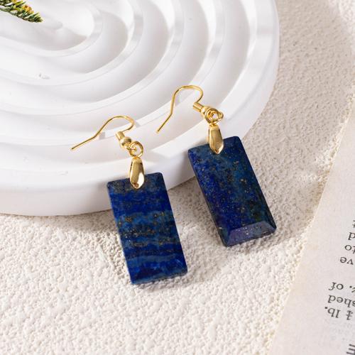 Natural Gemstone Earrings, Brass, with Lapis Lazuli, Rectangle, gold color plated, for woman, dark blue, nickel, lead & cadmium free, 23mm, Sold By Pair