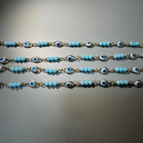 Chaîne de perles de pierre gemme, laiton, avec Seedbead, Placage de couleur d'or, DIY & motif de mauvais œil & autocollant époxyde, bleu, protéger l'environnement, sans nickel, plomb et cadmium, Vendu par m