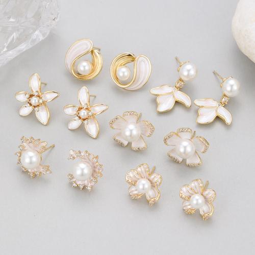 Brass Stud Earring, with Plastic Pearl, gold color plated, different styles for choice & for woman & enamel & with rhinestone, more colors for choice, nickel, lead & cadmium free, Sold By Pair