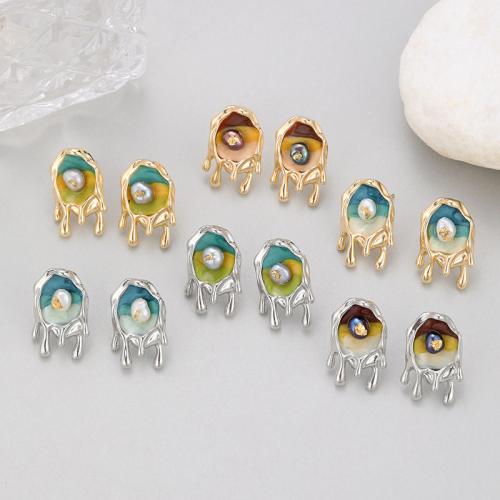 Brass Stud Earring, with Plastic Pearl, plated, different styles for choice & for woman & enamel, more colors for choice, nickel, lead & cadmium free, Sold By Pair