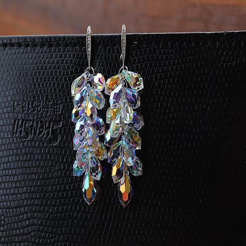 Crystal Earrings, Brass, with Crystal, fashion jewelry & micro pave cubic zirconia & for woman, silver color, 56mm, Sold By Pair