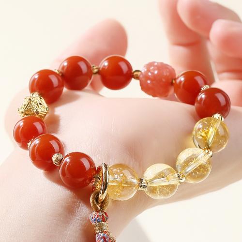 agate rouge bracelet, avec corde de coton & Cristal craquelé & laiton & alliage de zinc, fait à la main, naturel & unisexe, beads length 12mm, Longueur:Environ 7 pouce, Vendu par PC